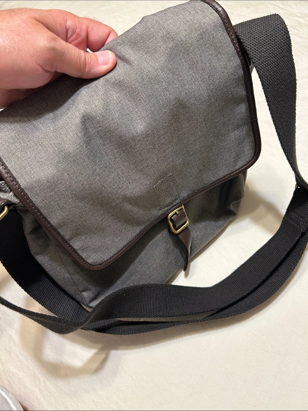 Fossil Gray Canvas Messenger Bag with Brown Trim